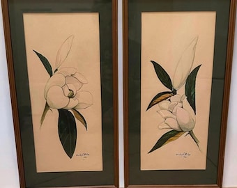 Pair of Vintage 1962 Magnolia Watercolors Shirley L Bolton Signed Framed Botanicals.