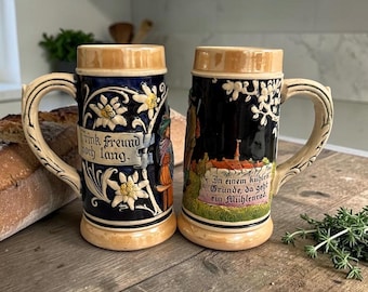Vintage Cobalt Blue German Beer Steins, Set of Two.