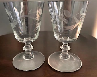 Vintage Pair of Etched Crystal Cordial Glasses