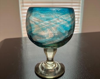 Artisan Turquoise Hand Blown Glass Goblet.