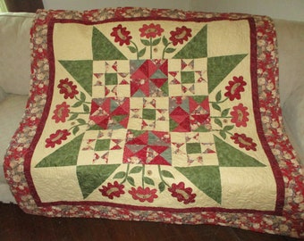 Dark Red Scrappy Applique Quilt, Large Quilt, Late Bloomers Quilt, Free Shipping 0301-01