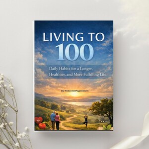 May include: A book cover with the title "LIVING TO 100" in large, light blue letters against a blue sky background. The cover also includes the text "Daily Habits for a Longer, Healthier, and More Fulfilling Life" and "By RedactedPagesStore". The image depicts a scenic landscape.