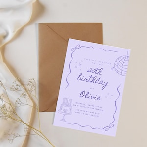 May include: A lilac-colored birthday invitation with the text "You're invited to the 20th birthday of Olivia." The invitation includes a cake illustration and a disco ball graphic. A brown envelope is behind the invitation.
