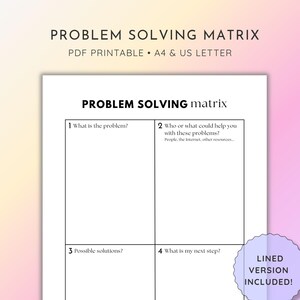 Peut inclure: Un document imprimable blanc intitulé PROBLEM SOLVING MATRIX avec quatre sections numérotées : 1 What is the problem?, 2 Who or what could help you with these problems?, 3 Possible solutions?, et 4 What is my next step?. Inclut un badge violet indiquant LINED VERSION INCLUDED!.