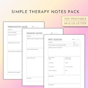 Puede incluir: Un paquete de notas de terapia simple con tres plantillas PDF imprimibles para documentación clínica. Las páginas incluyen una nota de terminación, notas de sesión y un formulario de primera sesión, en formatos A4 y US Letter.