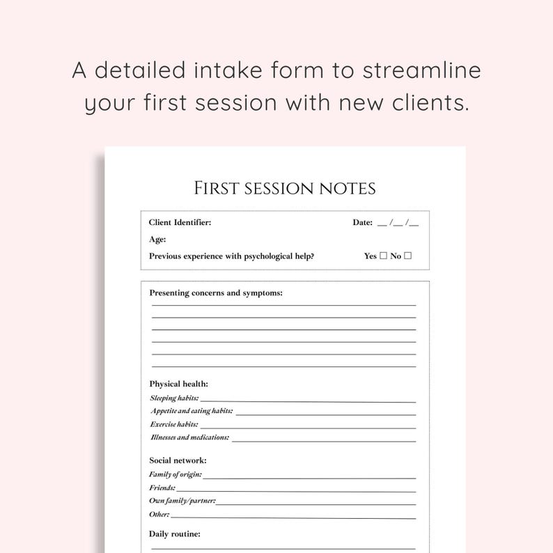 Therapy Intake Form and Session Notes | Therapist Note Template ...