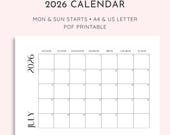 2026 Dated Monthly Calendar | A4 and US Letter | Sunday + Monday Start | Printable PDF