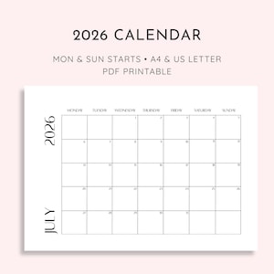 2026 Dated Monthly Calendar | A4 and US Letter | Sunday + Monday Start | Printable PDF