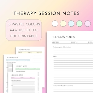 Peut inclure: Un modèle numérique de notes de séance de thérapie avec cinq variantes de couleurs pastel. Le document comprend des champs pour l'ID client, le numéro de séance, la date, les sujets, les notes et les interventions. Texte : THERAPY SESSION NOTES, 5 PASTEL COLORS, A4 & US LETTER, PDF PRINTABLE.