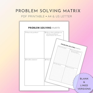 May include: A Problem Solving Matrix PDF printable document in A4 and US Letter sizes. The layout features four quadrants labeled with questions including What is the problem, Who or what could help, Possible solutions, and What is my next step.