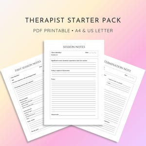 Puede incluir: Un conjunto de documentos imprimibles en PDF Therapist Starter Pack que consta de tres páginas blancas con texto negro. Los documentos incluyen formularios de notas de primera sesión, notas de sesión y notas de terminación con líneas.