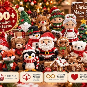 Può includere: Una collezione di figure natalizie all'uncinetto che include Babbo Natale, la signora Claus, un pupazzo di neve, renne, un omino di pan di zenzero, un pinguino, una volpe e gnomi. Il testo sull'immagine recita 200+ Crochet Patterns, Christmas Mega Bundle.
