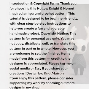 Puede incluir: Un patr&oacute;n de crochet con el texto "Introduction & Copyright Terms" y "Hollow Knight & Hornet inspired amigurumi crochet pattern!" El patr&oacute;n incluye instrucciones para un proyecto hecho a mano. El dise&ntilde;o es de KnotMaison.