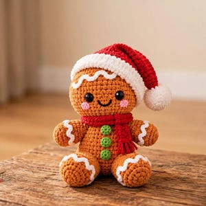 May include: A crocheted gingerbread person doll with a brown body, white icing-style trim on the limbs, and a red Santa hat with a white pom-pom. It features black safety eyes, a stitched smile, pink cheeks, and three green buttons.