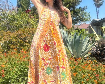 Vintage Indian Dress/Indian Kaftan Dress // Vintage hippie ethnic 70s cotton //Sleeveless Handmade Vintage Caftan//Bohemian hippy