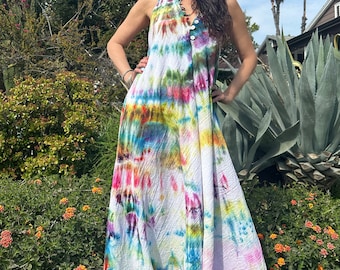 Tie Dye Gauze Cotton Dress// Tie Dye Cotton Caftan// Gauzy Summer Dress// Sleeveless Handmade Kaftan