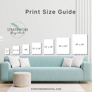 May include: A print size guide displays various rectangular white prints against a light blue sofa. Sizes include 5" x 7", 8" x 10", A4, 11" x 14", 12" x 18", 16" x 20", and 18" x 24". The text "Print Size Guide" and the logo for STRATHMORE Digital are visible.