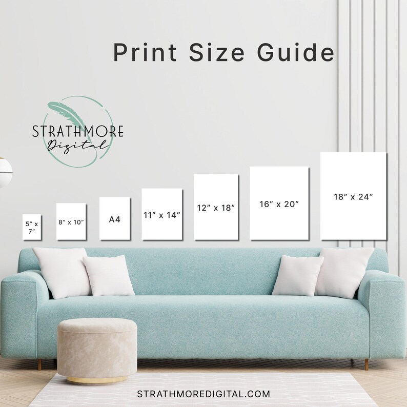 May include: A print size guide displays various rectangular white prints against a light blue sofa. Sizes include 5" x 7", 8" x 10", A4, 11" x 14", 12" x 18", 16" x 20", and 18" x 24". The text "Print Size Guide" and the logo for STRATHMORE Digital are visible.