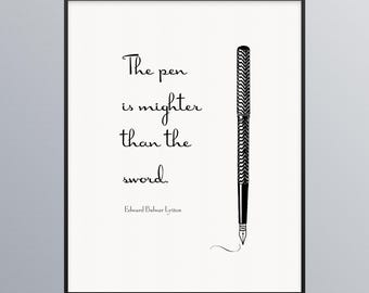 Pen Mightier Than Sword Quote Print, Literary Typography Wall Art (Digital Download)