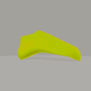 Peut inclure: Objet de forme abstraite jaune néon, avec une base incurvée et une extrémité pointue. L'objet est placé sur un fond gris neutre, créant un contraste qui met en valeur sa couleur vive et sa forme unique.
