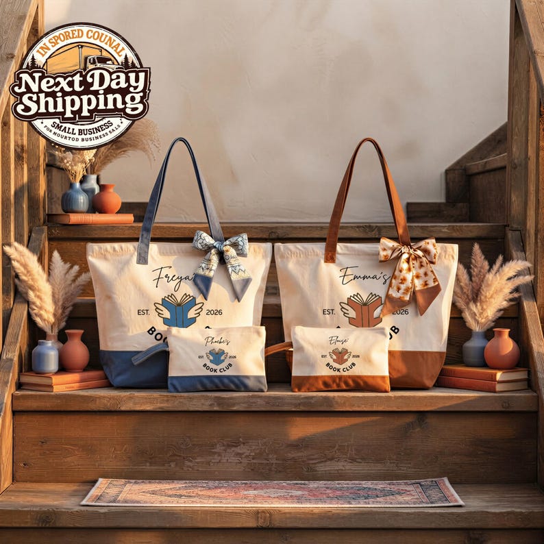 a collection of tote bags and book bags displayed on a wooden shelf, with decorative elements such as vases and potted plants.