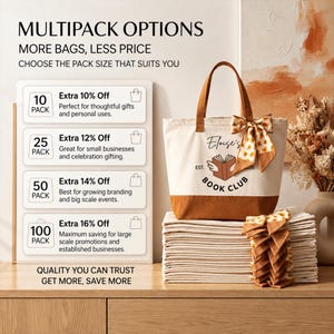 a tote bag with a bow and a stack of folded towels, along with text promoting a multipack option.