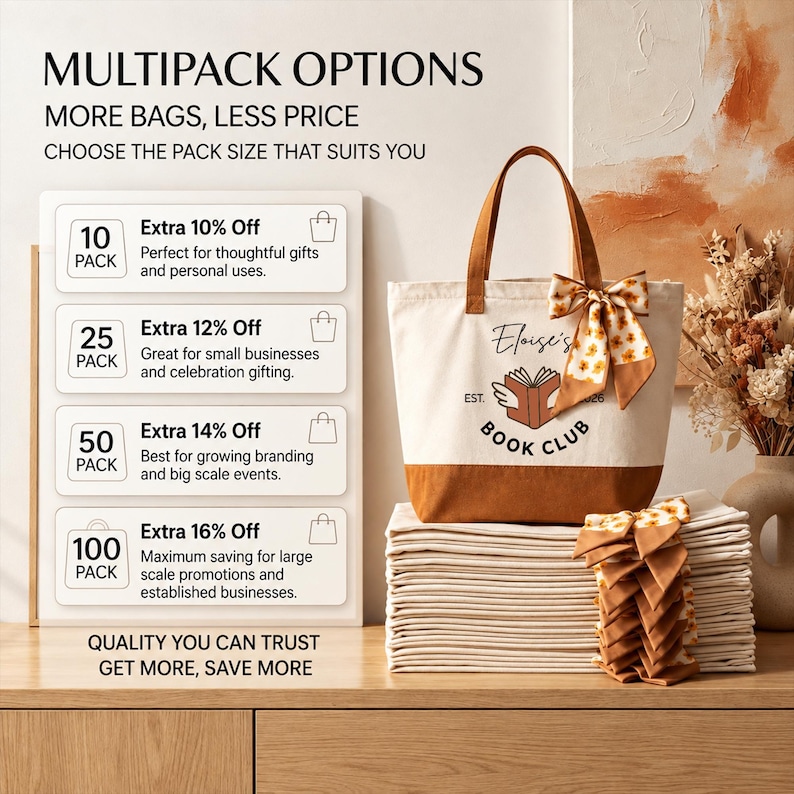 a tote bag with a bow and a stack of folded towels, along with text promoting a multipack option.