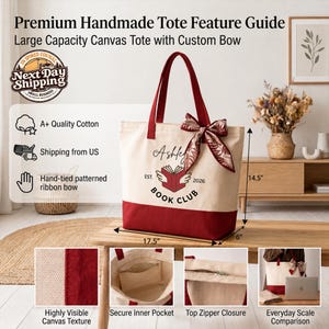 a large canvas tote bag with custom bow