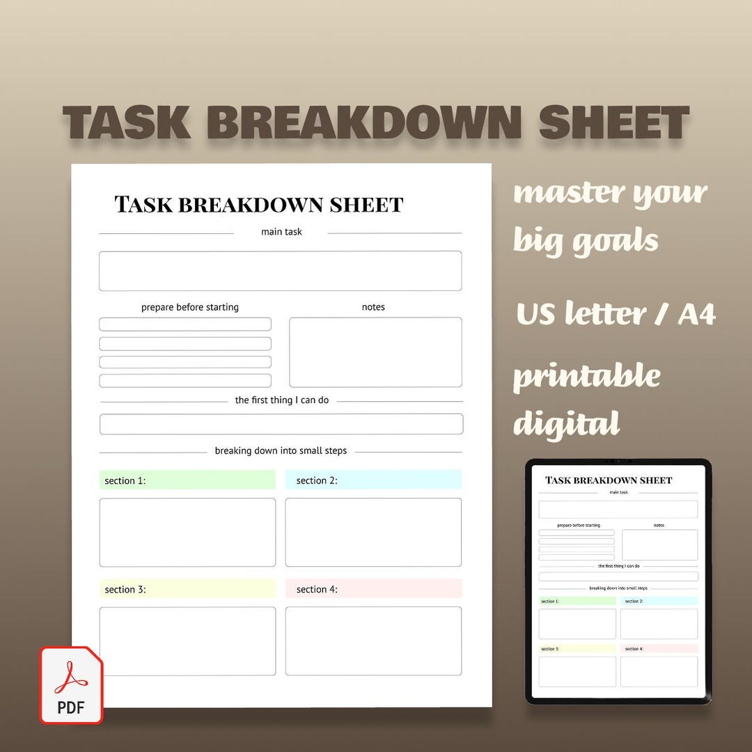 ADHD Task Breakdown Sheet, Goal Setting Planner, Productivity Tracker ...