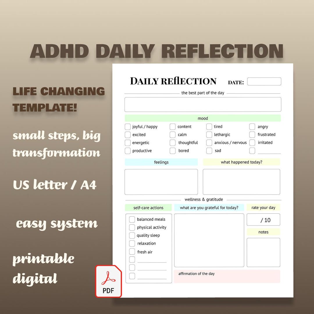 ADHD Daily Reflection Journal Page: Self-care, Gratitude, Mental Health Tracker (PDF) - Etsy UK