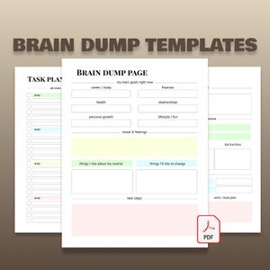 May include: Printable Brain Dump Templates in PDF format. The templates include sections for task planning, goal setting, mood tracking, and routine analysis. The design is clean with a white background and pastel colour highlights.