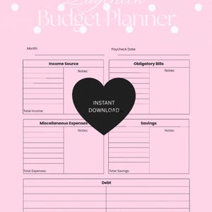 May include: Pink Paycheck Budget Planner with sections for income, bills, expenses, savings, and debt. The planner includes the text "Paycheck Budget Planner" and "Instant Download". The bottom of the planner reads "Budget with purpose. Stay focused. Financial freedom is the goal."
