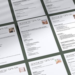 Może przedstawiać: Zbiór białych, drukowanych dokumentów z tekstem "Aesthetic Ops OS". Dokumenty ułożone są na jasnoszarej powierzchni. Niektóre dokumenty zawierają małe obrazy.