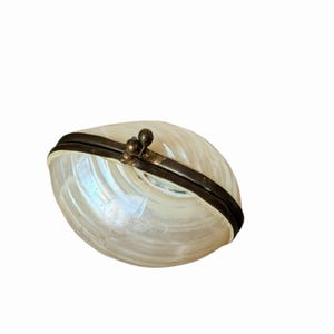 Antique Mother of Pearl Clam Shell Trinket Box Case Victorian Brass Hinged Clasp