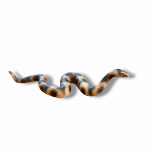 Puede incluir: Una figura de serpiente realista con un cuerpo texturizado que presenta bandas alternas de escamas de color marrón oscuro y bronceado. La serpiente está colocada en una curva sinuosa en forma de S con la cabeza ligeramente levantada.