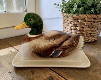 Vintage Otagari mallard duck RARE covered butter dish 1983 Japan porcelain ceramics handpainted cottage farmhouse kitchenware