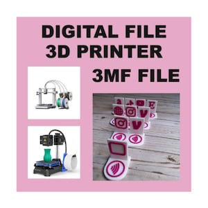 May include: A pink graphic with the words "DIGITAL FILE 3D PRINTER 3MF FILE". The image includes two 3D printers and several white and pink social media icons. One printer is silver with green and blue filament. The other is black and blue with a green vase.