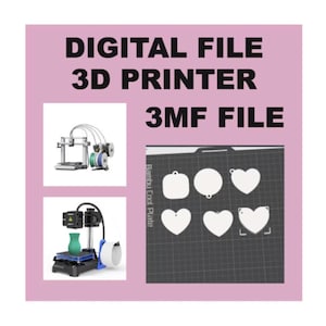 May include: Image featuring a pink background with the text "DIGITAL FILE 3D PRINTER 3MF FILE." It includes images of 3D printers and white, heart-shaped and circular cutouts. The cutouts are on a black grid.