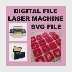 Puede incluir: Un gráfico rosa con las palabras "ARCHIVO DIGITAL, MÁQUINA LÁSER, ARCHIVO SVG". La imagen incluye una impresora láser, un cortador láser y recortes cuadrados rojos con iconos de redes sociales y letras.