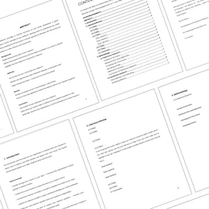 May include: A collection of white papers with black text, including a title page, abstract, table of contents, and various sections. The papers are arranged at an angle, creating a dynamic composition. The text is clear and legible.