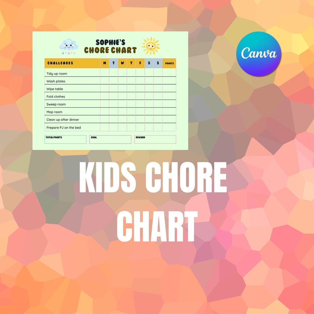 Editable Kids Chore Chart Canva Template | Cute Weekly Reward Chore ...