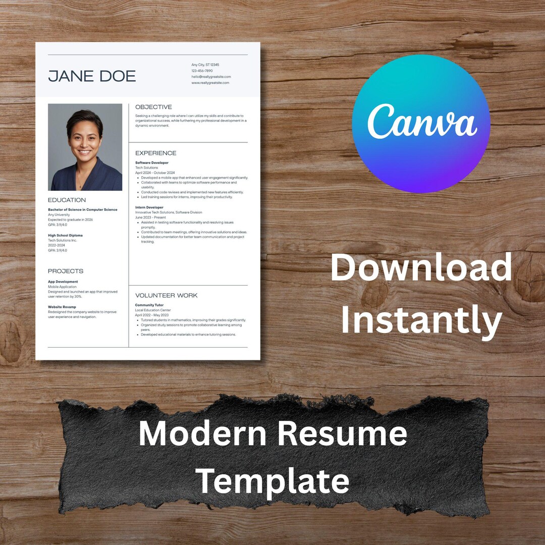 Modern Canva Resume Template With Photo Professional Software Developer ...