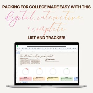 Puede incluir: Un portátil que muestra una lista de verificación y un rastreador digitales para la universidad. La pantalla muestra una hoja de cálculo con secciones para lo esencial, medicamentos y ropa. El texto dice: "PACKING FOR COLLEGE MADE EASY WITH THIS digital, interactive + complete LIST AND TRACKER!"