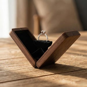 Può includere: Un portagioie in legno scuro aperto con un anello d'argento con una grande pietra preziosa trasparente. L'anello poggia su un cuscino di velluto nero all'interno della scatola. La scatola è su una superficie di legno.