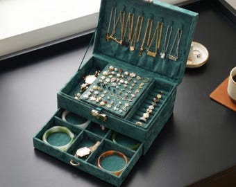 Donkergroen fluwelen sieradenopberger, afsluitbare luxe doos Ringen Oorbellen Kettingen Cadeau