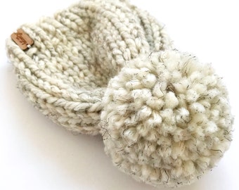 Chunky Knit Baby Beanie with Pom Pom - Hand Knitted Wool Blend