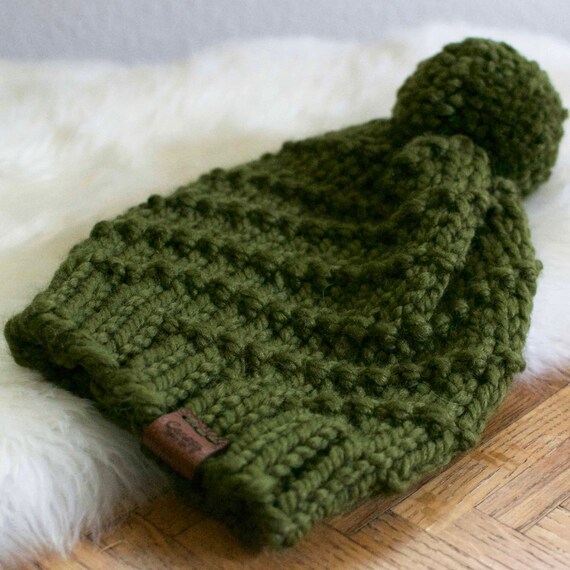 Women’s Handmade Green Chunky Knit Beanie | NWT Super Chunky Winter Hat, Deep Olive Green Chunky Knit Beanie  main image 3