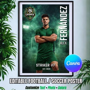 Puede incluir: Póster enmarcado de un jugador de fútbol con uniforme verde, con los brazos cruzados. El póster incluye el texto "FERNÁNDEZ ALEX", "STRIKER #7" y "EST. 2026". El póster también tiene el texto "EDITABLE FOOTBALL / SOCCER POSTER" y el logo de Canva.