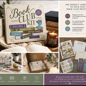 Puede incluir: Un kit de club de lectura en una caja color crema con el texto "Book Club Kit". Incluye tarjetas de votación, un folleto, pegatinas y marcadores. Una taza con "Just one more chapter" está junto al kit. Una vela y libros también están en la imagen.