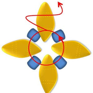 Peut inclure: Un motif en forme de fleur jaune avec six p&eacute;tales et un centre bleu. Les p&eacute;tales sont dispos&eacute;s en cercle autour du centre, et le centre est compos&eacute; de six perles bleues. Les perles sont reli&eacute;es par un fil rouge qui forme un cercle autour du centre.